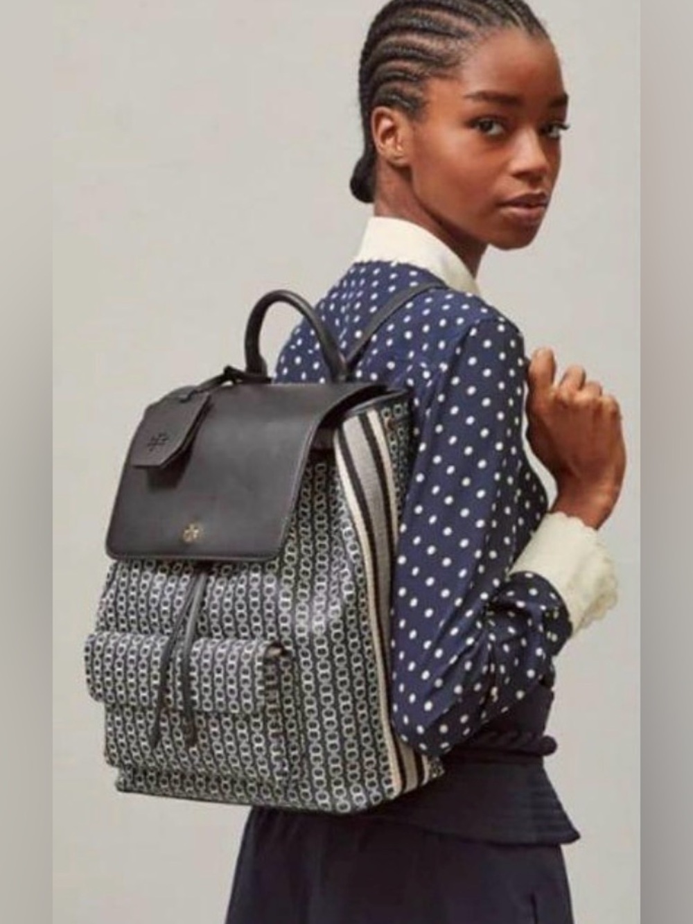 Tory Burch Gemini Link Canvas Backpack Black White Logo Print Travel Bag Purse